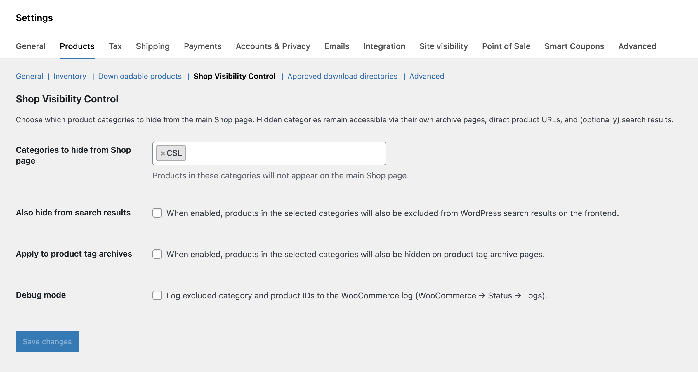 Plugin settings page in WooCommerce admin showing the Shop Visibility Control settings: category multi-select, search and tag archive toggles, and debug mode.