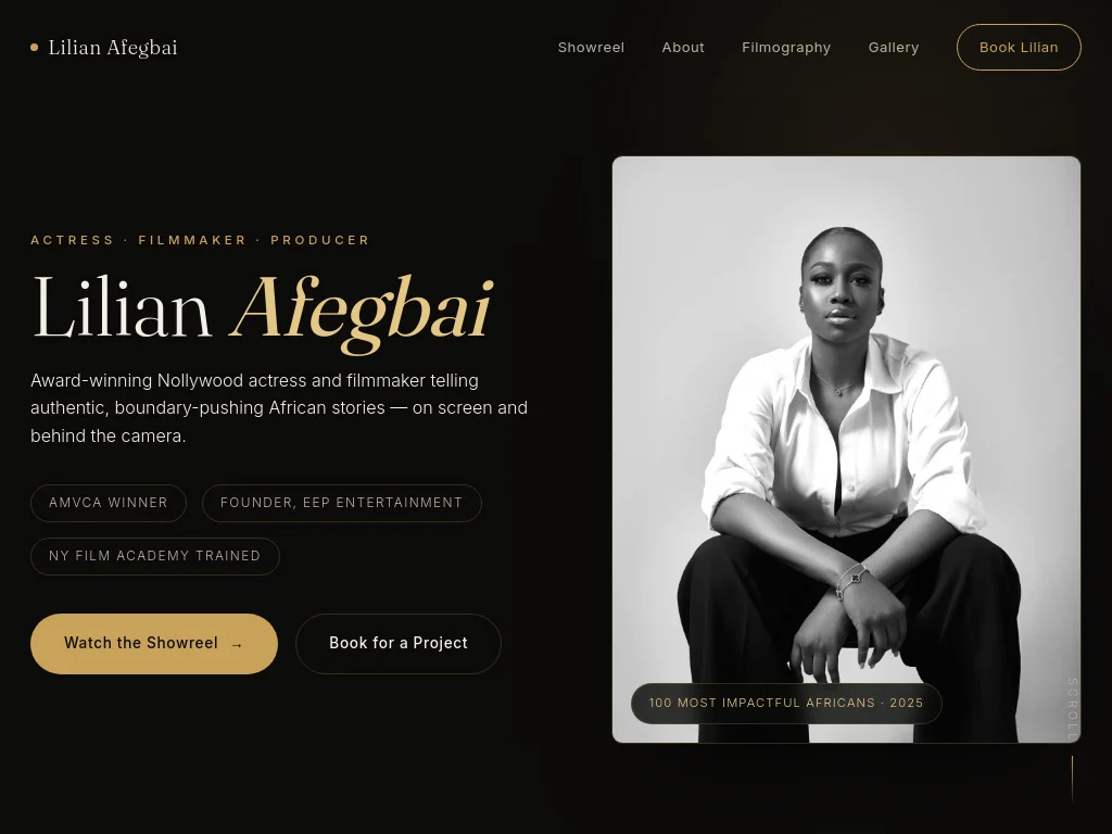 Lilian Afegbai celebrity media site homepage, custom WordPress build