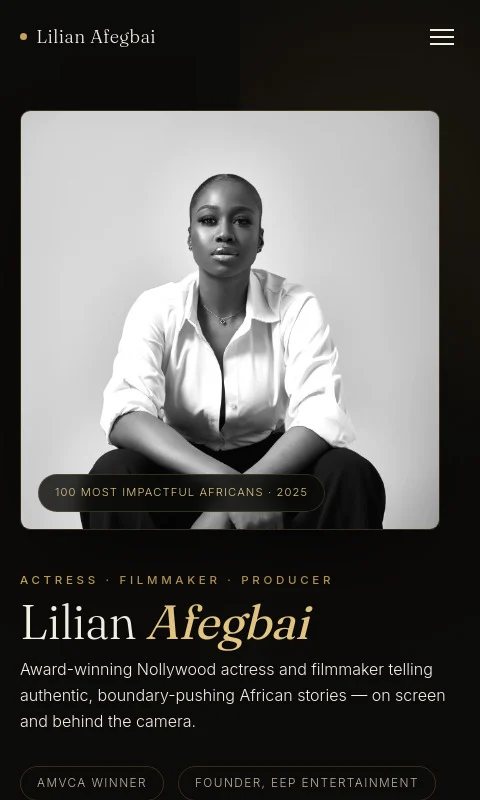 Lilian Afegbai mobile homepage, custom WordPress build