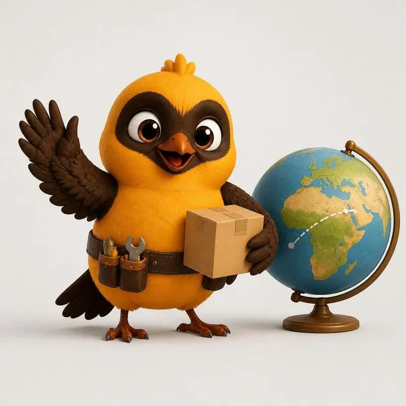 Weava waving and holding a parcel next to a globe showing Africa and Europe