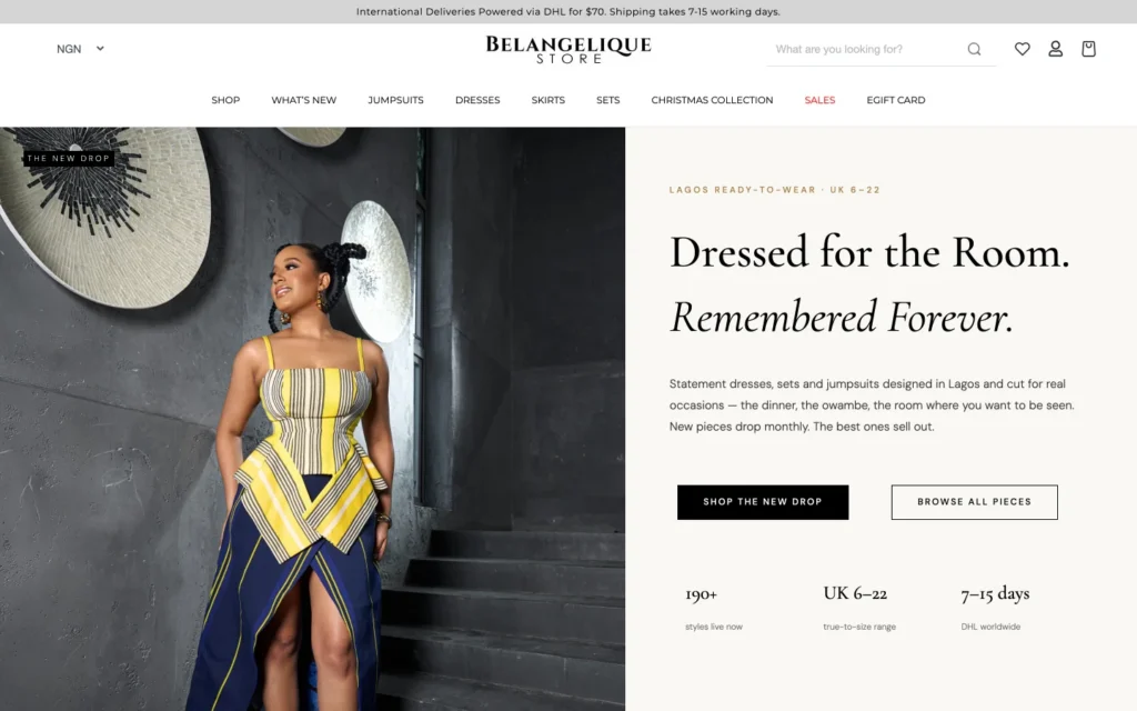 Belangelique Store homepage on desktop